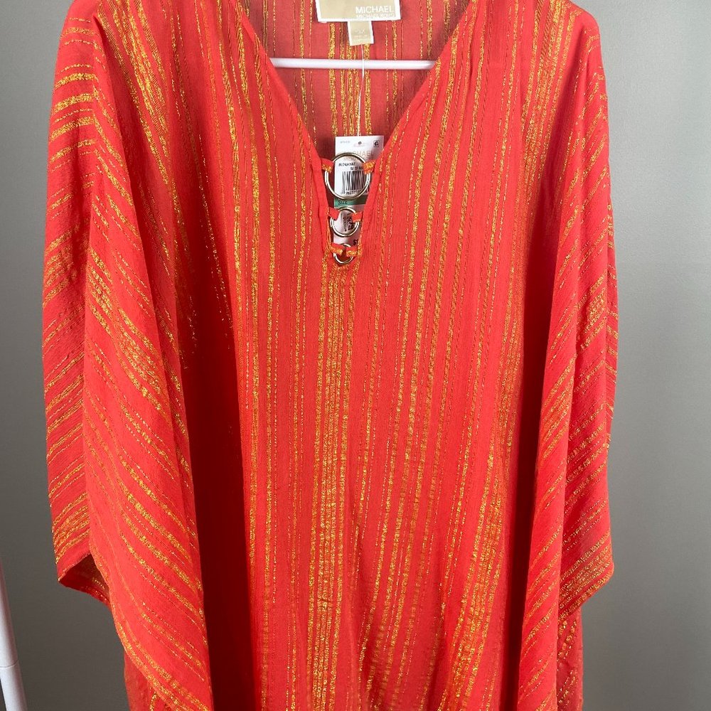 Michael Kors Metallic Gold Stripe Orange V-Neck 3/4 Kimono Sleeve 0X